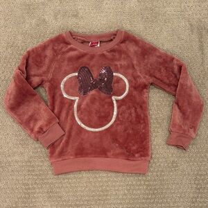 Disney Junior Minnie Mouse Dusty Rose Plush Girls Sweatshirt with Sequin Bow, 6